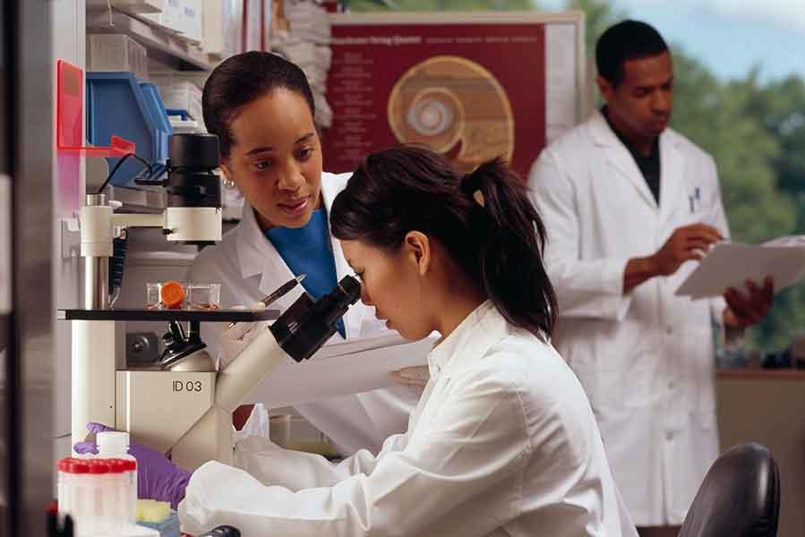 Three researchers work in a lab. In the foreground, an Asian woman looks into a microscope; her Black female colleague holds a piece of paper and speaks with her. In the background, a Black male researcher reads paper he is holding. They are all wearing lab coats. Shelves are stacked with lab materials.