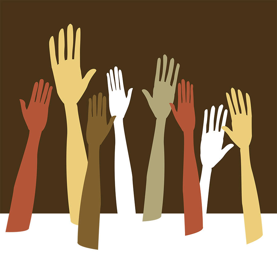 An illustration of different sized hands in various shades of brown, red, yellow and white on a brown background.