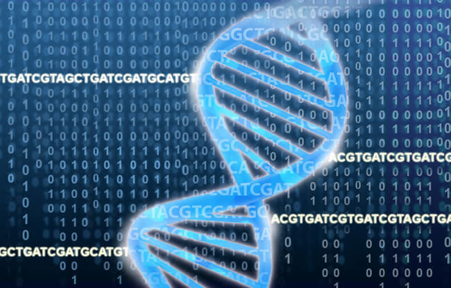 Photo of a DNA double helix overlaid with binary code (ones and zeros) and DNA sequence TCGA.