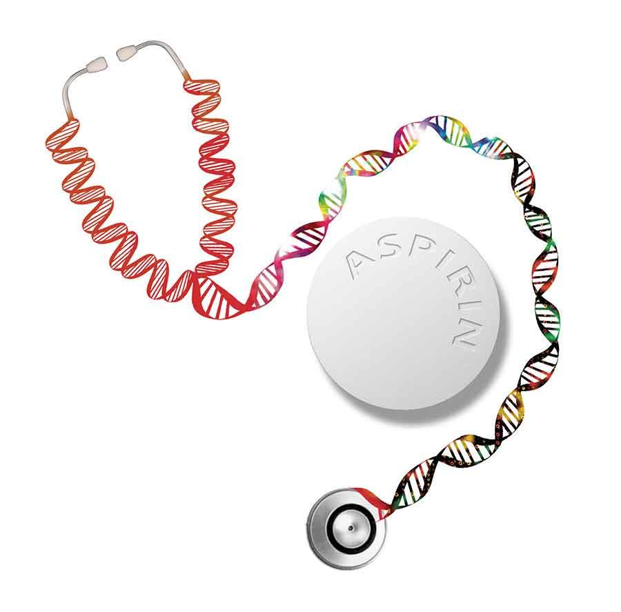 Conceptual illustration showing DNA strands forming a stethoscope, with a gray aspirin tablet in the center