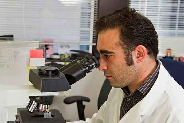 Scientist in white lab coat examining samples through a microscope in a laboratory setting.