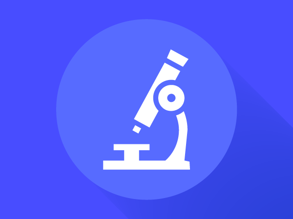 Scientific research icon featuring a white microscope symbol on a blue circular background with gradient elements