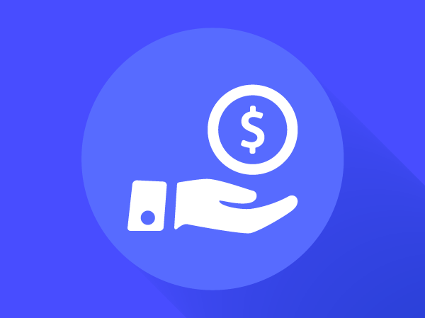 An icon of a hand, in side view, with a circle enclosing a dollar sign floating above the palm. 