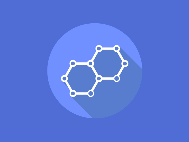 Abstract graphic showing a molecular structure on a hexagonal background. The design has a long shadow effect, adding depth to the flat style.