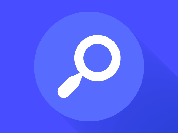An icon of a magnifying glass inside of a circle. The magnifying glass is white and the circle is blue.