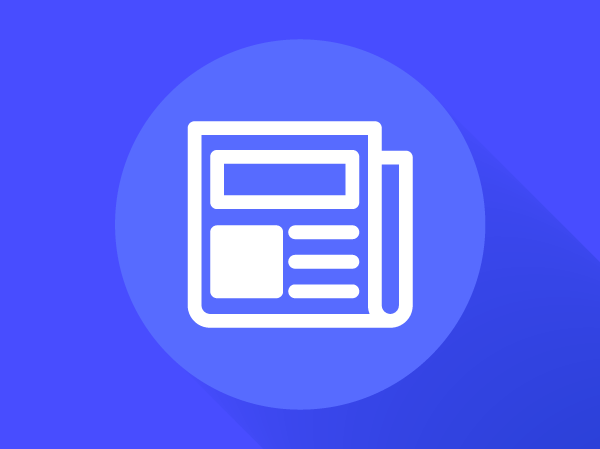 A circle icon which contains a smaller icon of a newspaper. The icon is white on a blue-purple background.