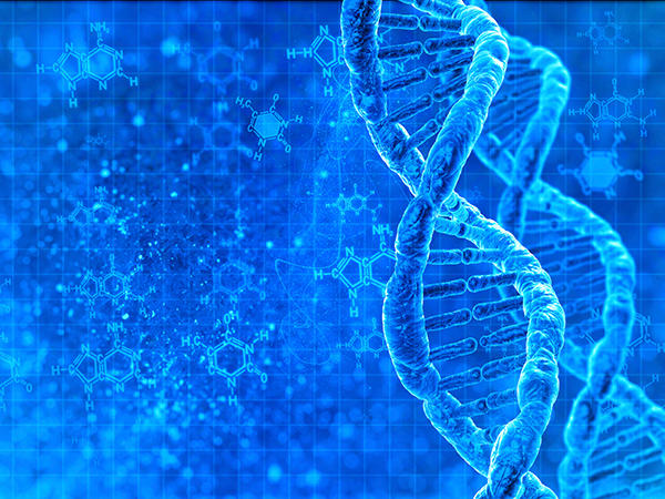 Two double helix DNA strands on top of a gridded, textured background that contains randomly sized chemical bond-line formulas.
