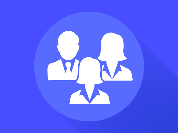 Icon featuring three white silhouettes of professionals, including one in a tie, arranged in a circular composition on a blue gradient background.