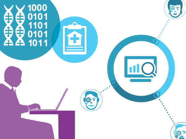 Person working at a laptop, with various digital icons connected by dotted lines. Symbols include DNA strands with binary code, a medical clipboard, facial recognition images, and a computer screen displaying data analysis.