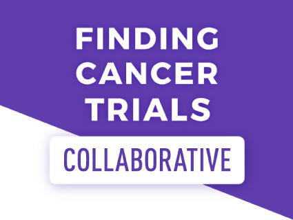"FINDING CANCER TRIALS" in white text on a purple background with "COLLABORATIVE" in purple text below it in a white banner.