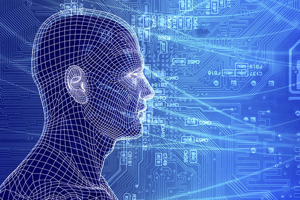 A digital illustration of a wireframe human head is set against a blue background filled with circuit patterns, symbolizing the connection between technology and the human mind.