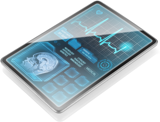 Image of a tablet computer showing heart rate and other medical information.