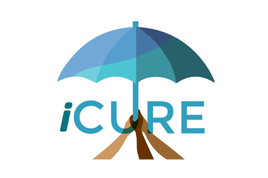 The logo for CURE. The word CURE is in blue; the right part of the U extends upward to become an umbrella with three arms of different shades holding the same part of the U.