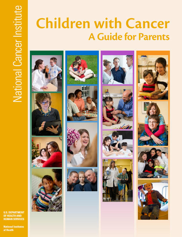 Cover of a National Cancer Institute guidebook titled "Children with Cancer: A Guide for Parents" featuring a colorful collage of photos showing children, families, and healthcare workers in various supportive settings.