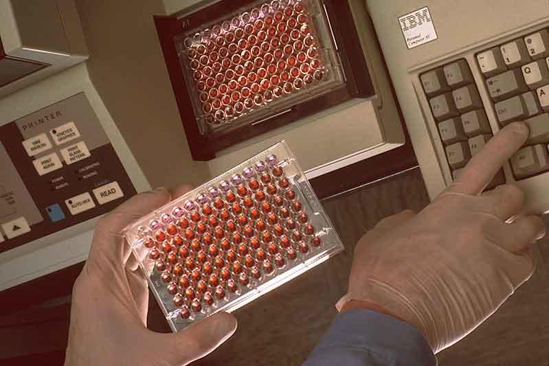Scientist holding a tray of cell lines in their left hand and pressing buttons on a computer keyboard with their right hand.