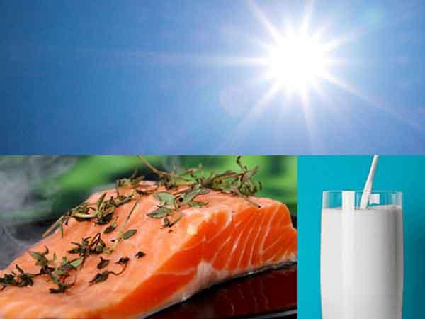A three-panel image. The top panel is a shining sun in a blue, cloudless sky; the bottom left panel is a piece of salmon with herbs on top; and the bottom right panel is a glass of milk with a straw.