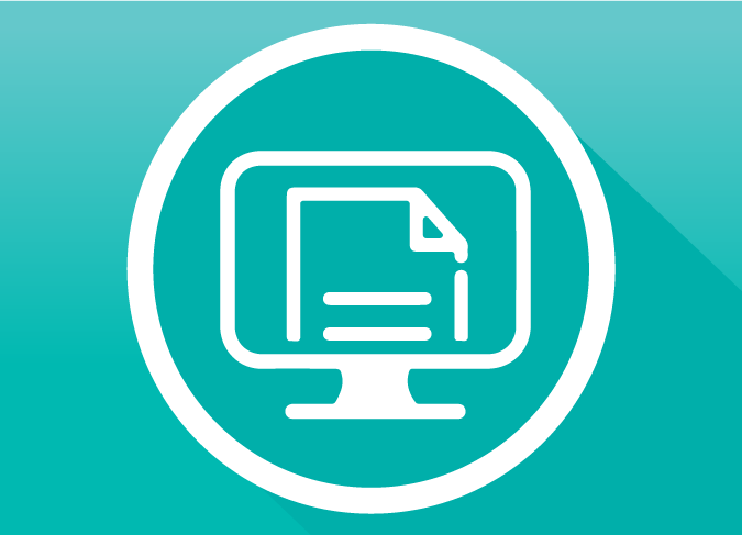 Icon featuring a white computer monitor with documents displayed on screen, set within a circular design on a teal gradient background.