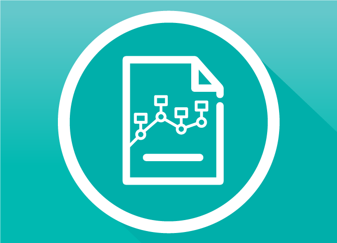 Silhouette icon of a document with a line graph inside a circle on a teal gradient background