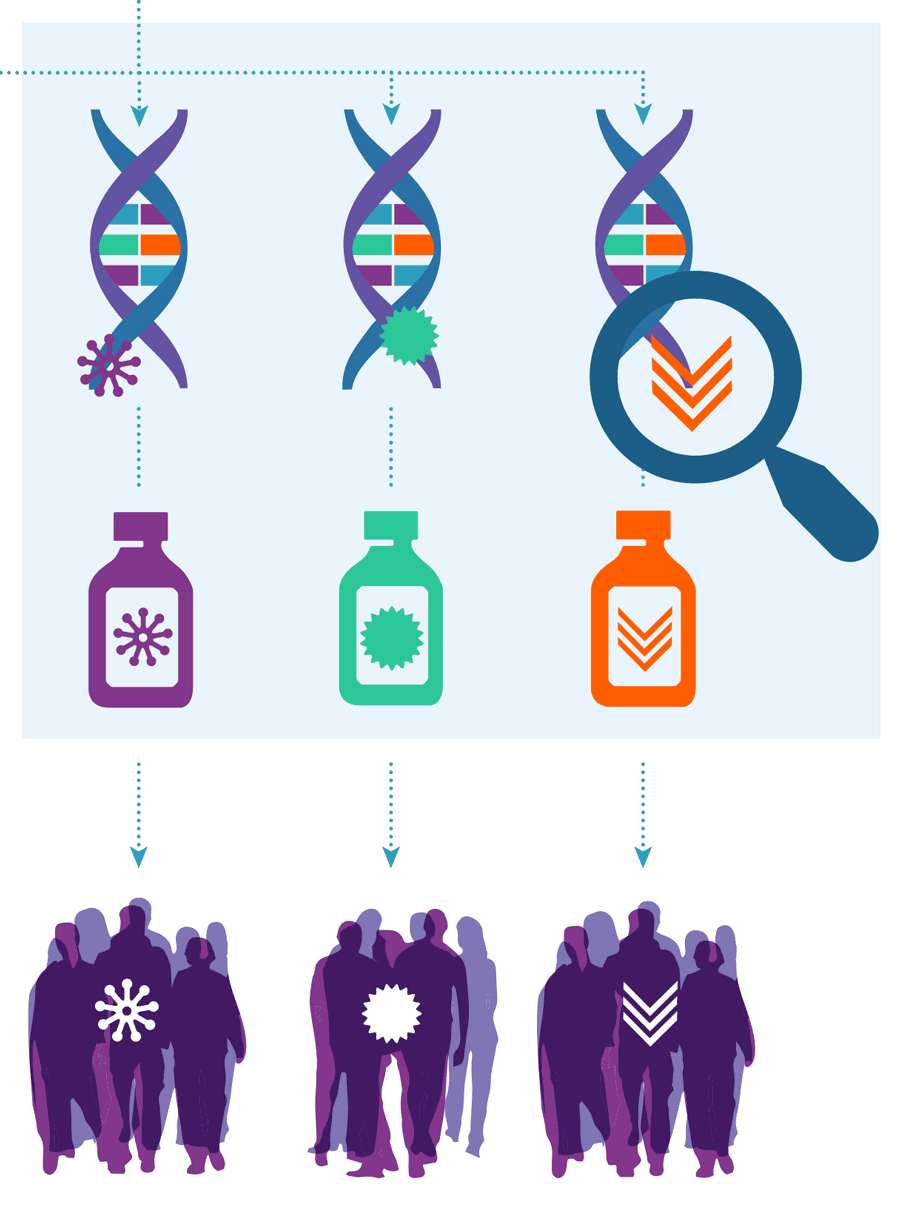 From top to bottom: a stylized DNA strand, a medicine bottle, and a silhouette of a group of people. This same pattern is repeated twice. In each column, a different shape sits on top of the DNA strand, the medicine bottle label, and the group silhouette. The left shape is multi-pronged star with round ends, the middle shape a circle with jagged edges, and the right shape three down arrows.