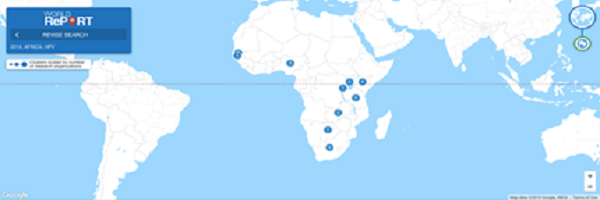 World map showing HPV research funding areas.