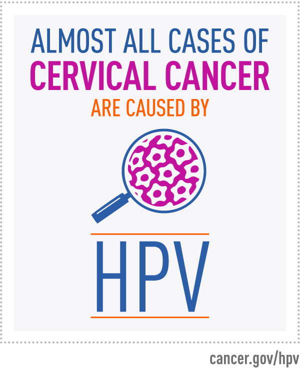 Public health educational graphic with text stating 'ALMOST ALL CASES OF CERVICAL CANCER ARE CAUSED BY HPV' on a light background. The words 'CERVICAL CANCER' appear in large magenta text, with a blue magnifying glass showing pink HPV virus particles.