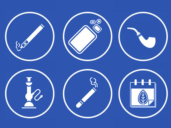 Six white circular icons on a blue background displaying tobacco-related items: a cigarette, vaping device, pipe, hookah/water pipe, e-cigarette, and a calendar with a no-smoking symbol.