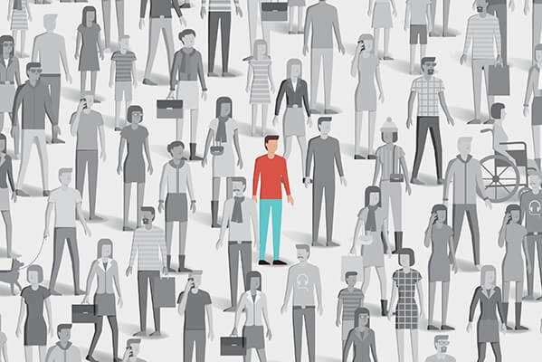 Illustration of a diverse crowd of people in grayscale, with one individual in the center standing out in color.