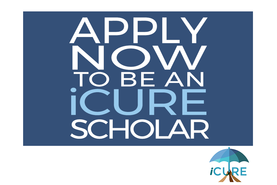 White text reads “Apply Now To Be an iCure Scholar” on a dark blue background. In the bottom corner is the iCure logo.
