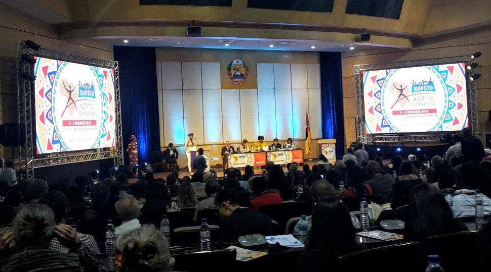 A panel session being held in a small auditorium. There are five panelists, seated, and one moderator, standing at a podium. Large screens on either side of the stage have the branding of the conference. The backs of the heads of the audience can be seen int he foreground, and they are darker than the stage.