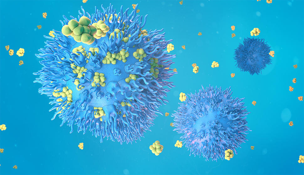 Macrophages (blue) releasing cytokines (yellow) trigger a “cytokine storm” in patients with severe COVID-19.