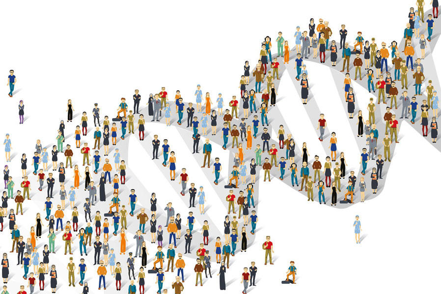 Illustration of a DNA double helix composed of diverse groups of people