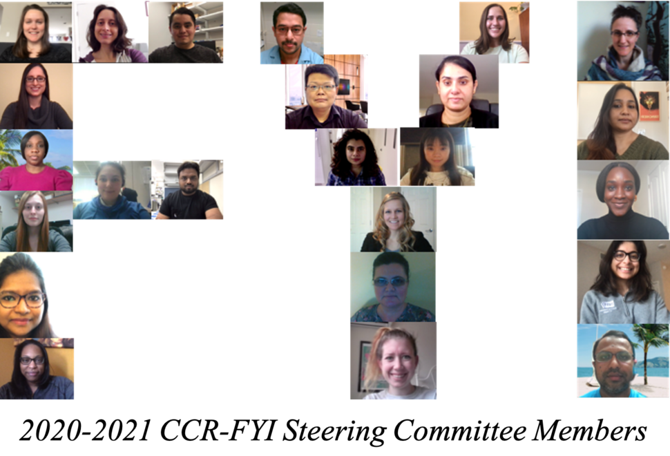 Large letters that read “FYI” are created by using rectangular photos of people of various ages, genders and ethnicities to make the shape of each letter. Their expressions are neutral or happy and they wear casual clothing. At the bottom, text reads “2020-2021 CCR-FYI Steering Committee Members”. 