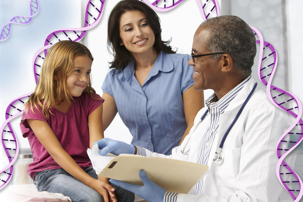 A photo of a child and her mother meeting with a doctor with DNA helix overlay.
