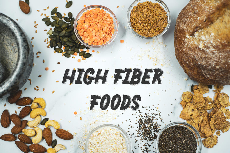 Photo of foods rich in fiber including fruits, vegetables and legumes with "High Fiber Foods" written in the middle