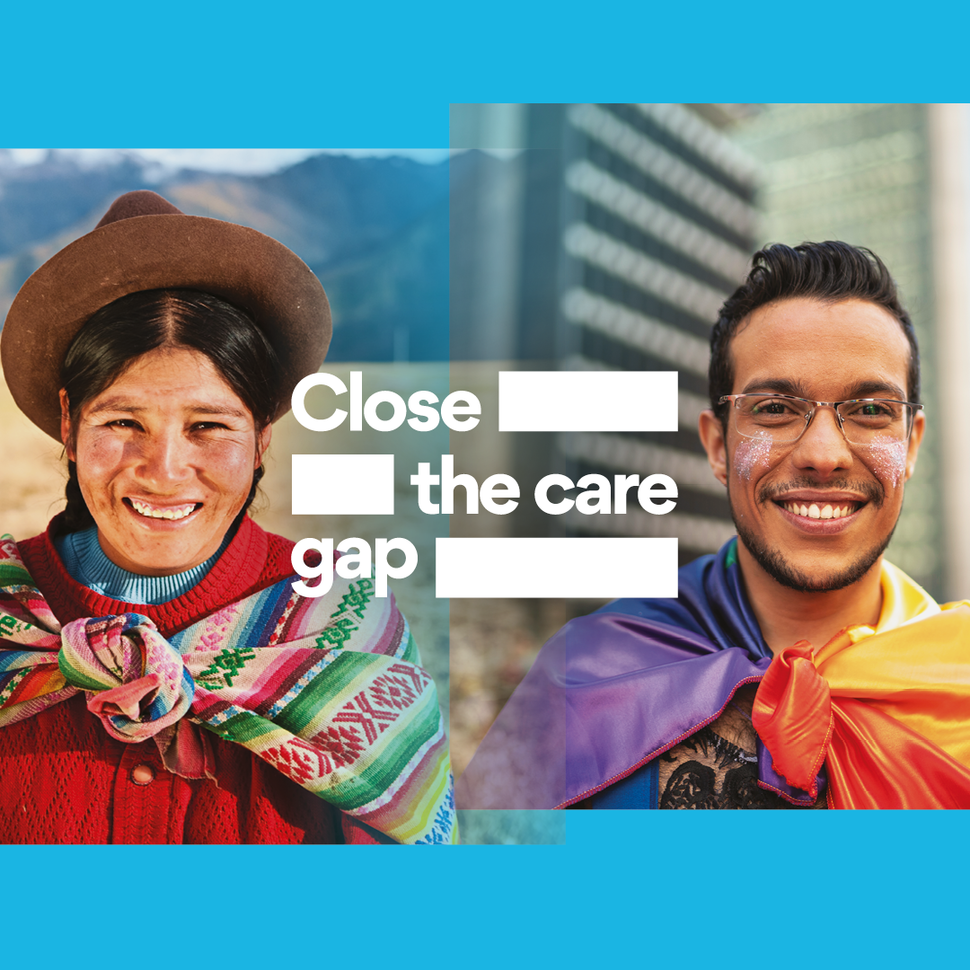 A promotional image that has the words “Close the care gap” in the center. Large, blank bars fill the empty space after the words in the headline. There are two background photos: on the left, a woman indigenous to South America, wearing a hat and sweater with a blanket tied around her, with mountains in the background. On the right, a young man in glasses with a silk, multi-colored fabric also tied around him, with buildings behind him. Both of them are smiling. 
