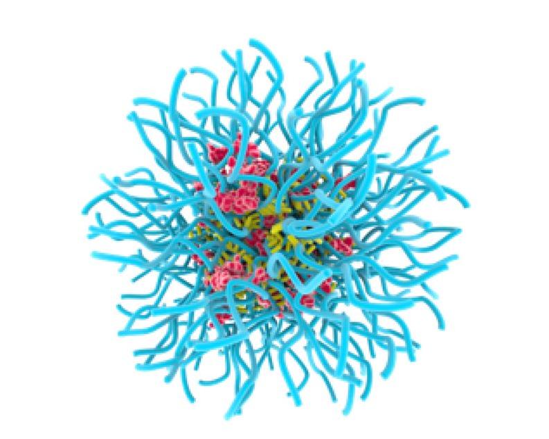 A computer generated image of a nanoparticle micelle. The main section shows clumps of red and yellow against each other, with long light-blue strands emerging from the main cluster.