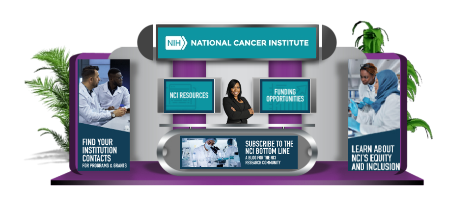 Mockup of a display booth for the National Cancer Institute, with one panel on the left and one panel on the right, along with two screens and a table with an image on the front. All the imagery features people in medical labs or research environments.
