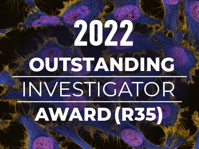 Text that says "2022 Outstanding Investigator Award (R35)" on top of a purple, cellular background 