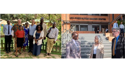 Two photos side by side. The left image shows a group of people standing outdoors in a garden setting, smiling at the camera. The right image shows three people standing in front of the UCI-Fred Hutch Cancer Centre, engaged in conversation. The building entrance is visible in the background.