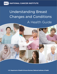 Cover image for a National Cancer Institute health guide titled "Understanding Breast Changes and Conditions." The background includes a collage of adults interacting with healthcare professionals. 