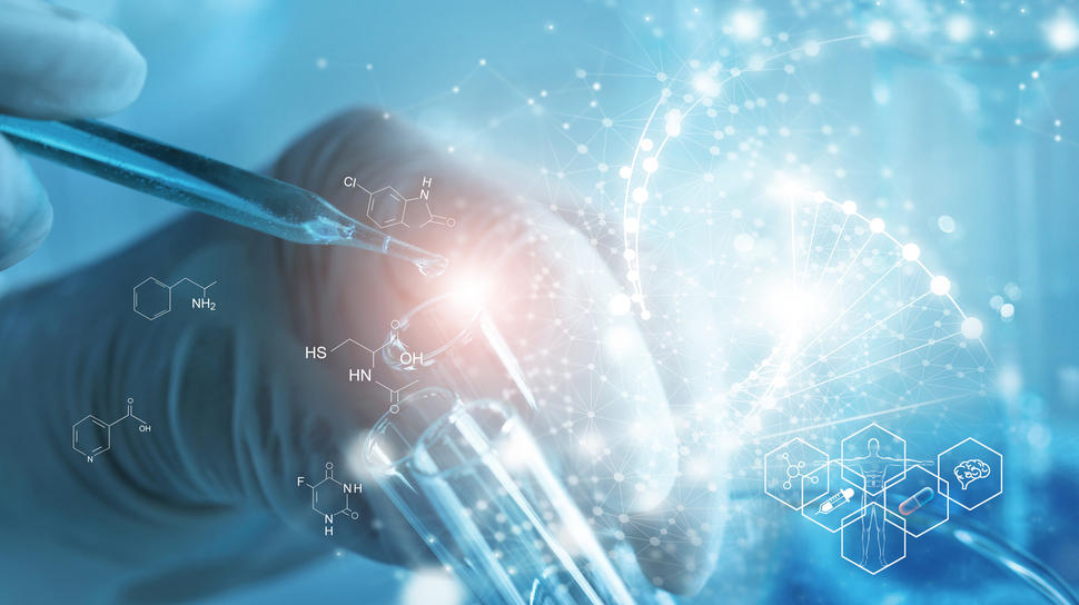 A concepual image of a researcher pipetting some liquid into a test tube. Chemical structures float around the image. 