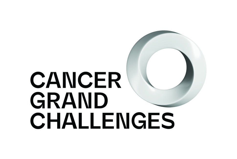 Text reading “Cancer Grand Challenges” next to an impossible circle illustration. The text is dark grey, almost black, and the circle is shades of medium to light grey.
