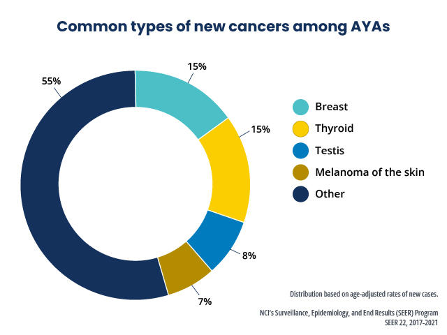 Donut chart showing the common types of cancer among adolescents and young adults