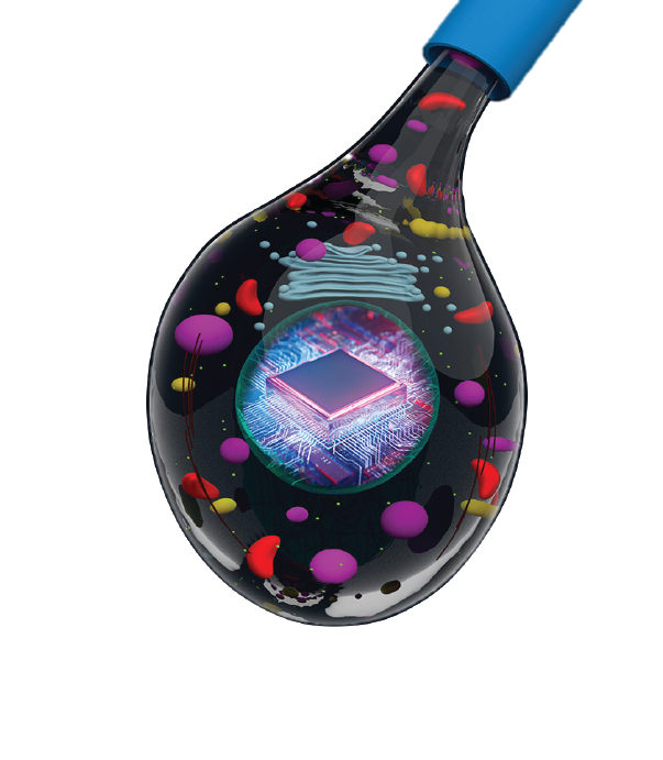 Cartoon of a drop coming out of a pipette with a synthetic cell including a computer chip