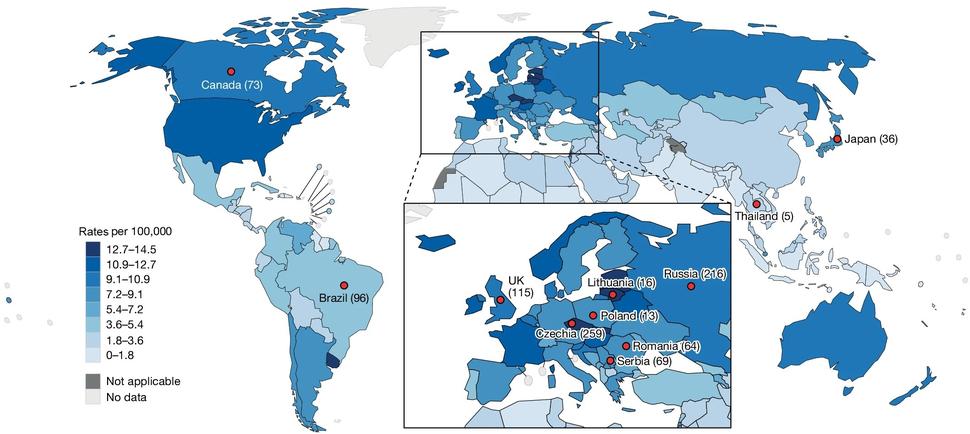 A map of the world showing rates of kidney cancer by country. The highest rates are in Lithuania, Czechia, and Uruguay..
