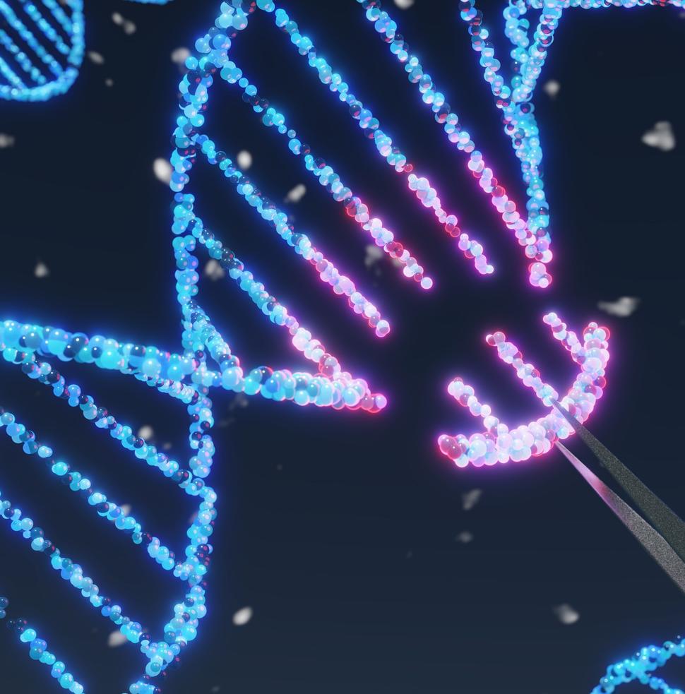 A conceptual image with a small segment of a DNA double helix being removed with tweezers.