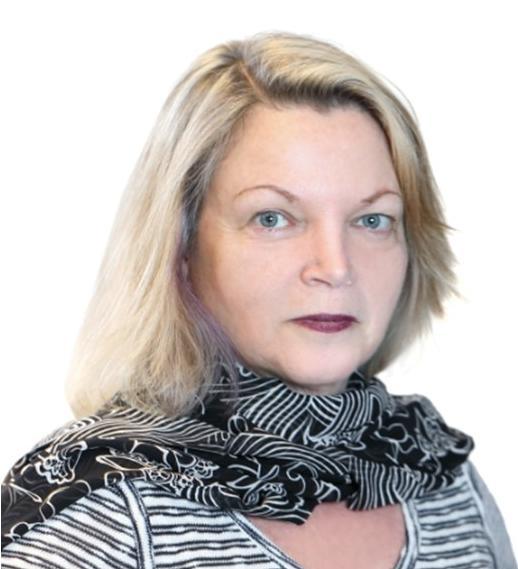 White woman with stripe shirt and scarf around neck