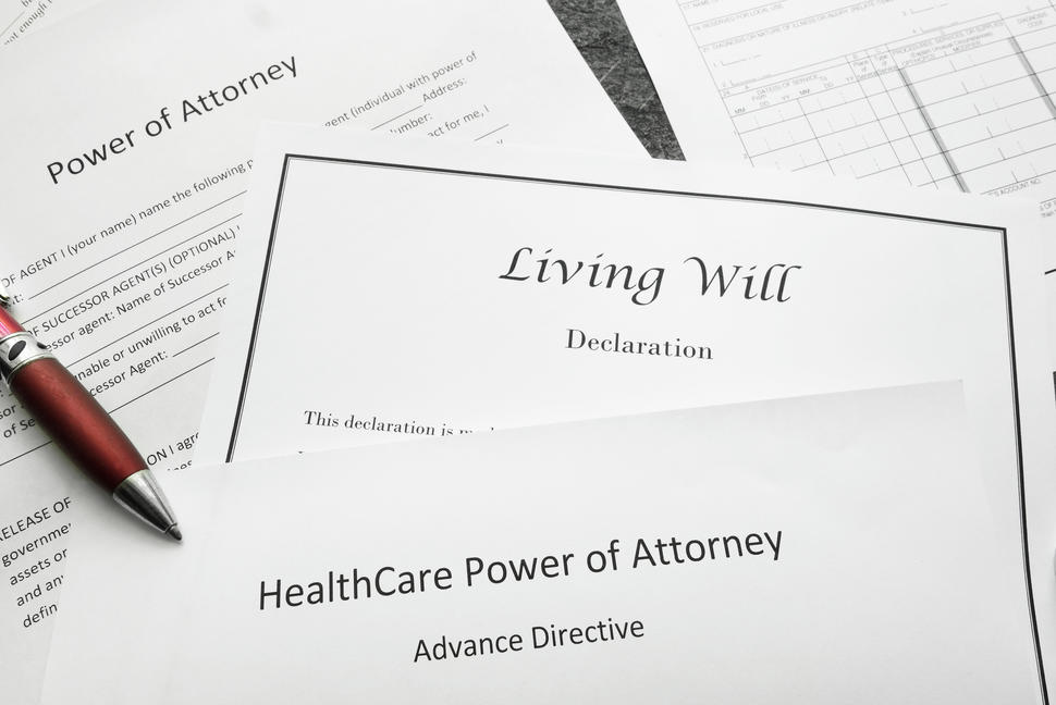Picture of the top part of a living will and the top part of a healthcare power of attorney