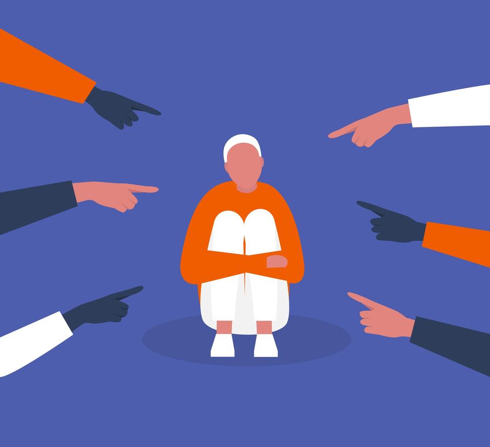 Ilustración de una persona en cuclillas que es señalada por manos que aparecen a ambos lados de la imagen.