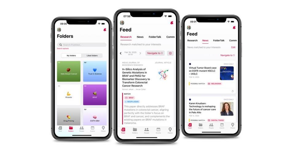 Image of three phones showing screenshots for NanCI new folders, research feed and news feed